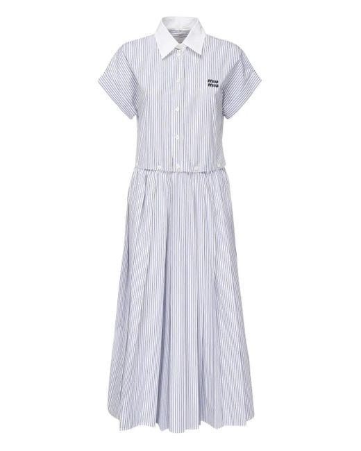 Miu Miu White Gestreiftes Midikleid mit Falten