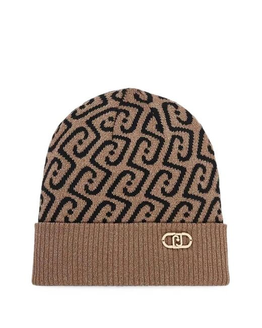 Liu Jo Brown Monogram-Pattern Ribbed-Trim Beanie Hat