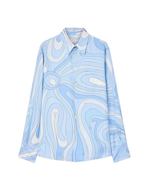 Emilio Pucci Blue Marmo-Print Oversized Silk Shirt