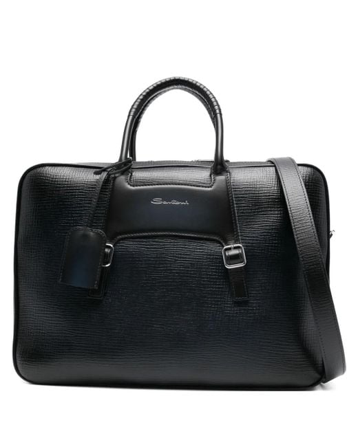 Santoni Black Textured Leather Briefcase for men