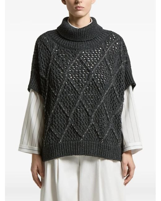 Peserico Black Diamond-Knit Roll-Neck Shot-Sleeve Sweater