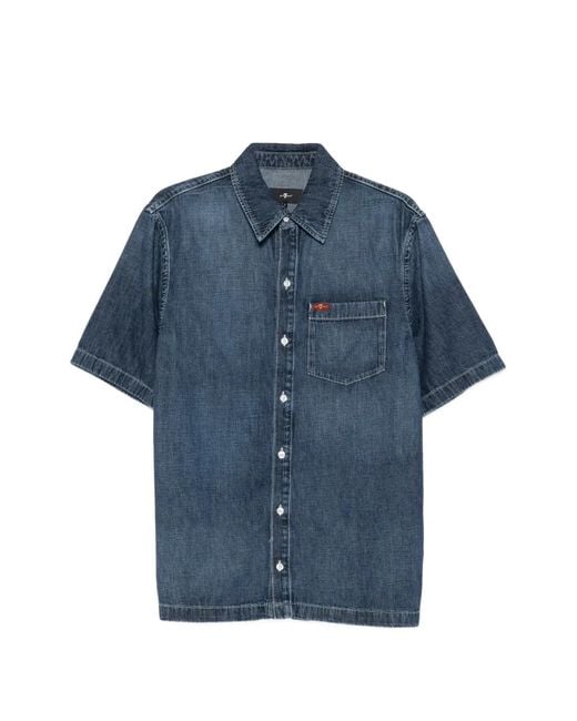 7 For All Mankind Blue Short-Sleeve Chest-Pocket Shirt for men