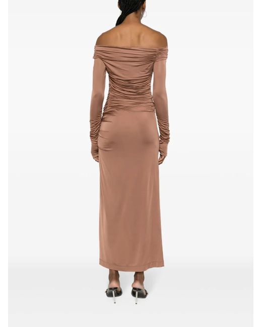 Helmut Lang Brown Off-Shoulder Draped Maxi Dress