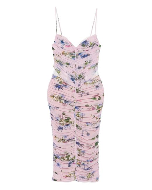 Blumarine White Gerafftes Midikleid mit Blumen-Print