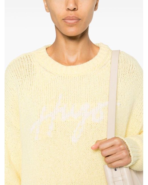 HUGO Yellow Intarsia-knit Logo Drop-shoulder Jumper