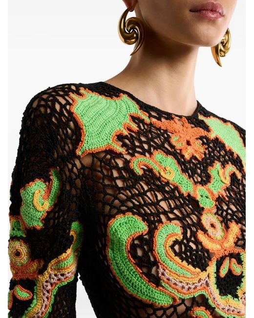 Etro Green Long Cotton Dress With Crochet-Effect Floral Motif