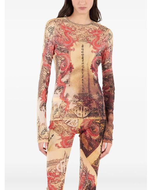 Roberto Cavalli Pink Dragon-Motif Long-Sleeve Top