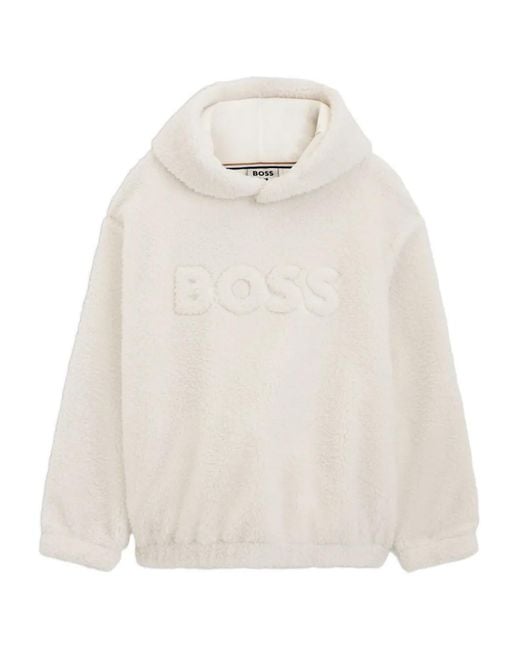 Boss White Emed-Logo Teddy-Fleece Hoodie for men
