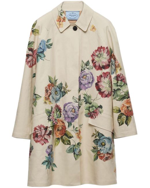 Prada Natural Floral-print Single-breasted Coat