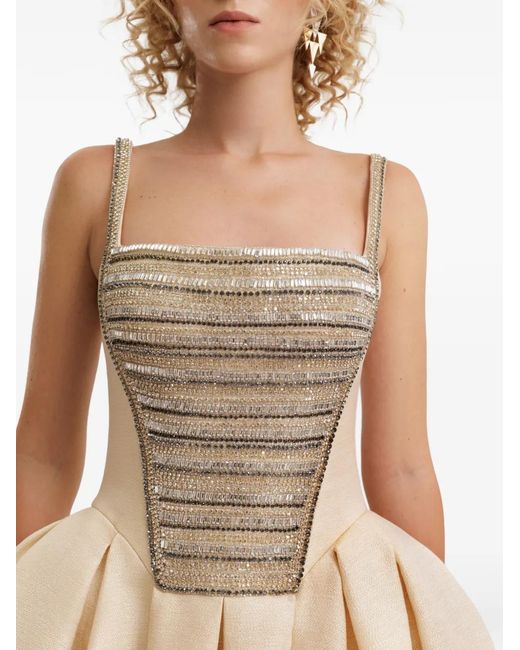 Gemy Maalouf Natural Squared-Neck Beaded Jacquard Dress