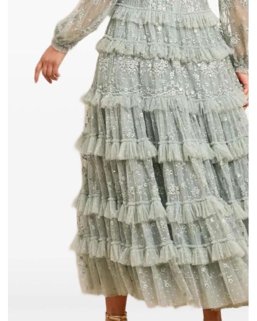 Needle & Thread Green Blossom Lace Ruffled Maxi Dress