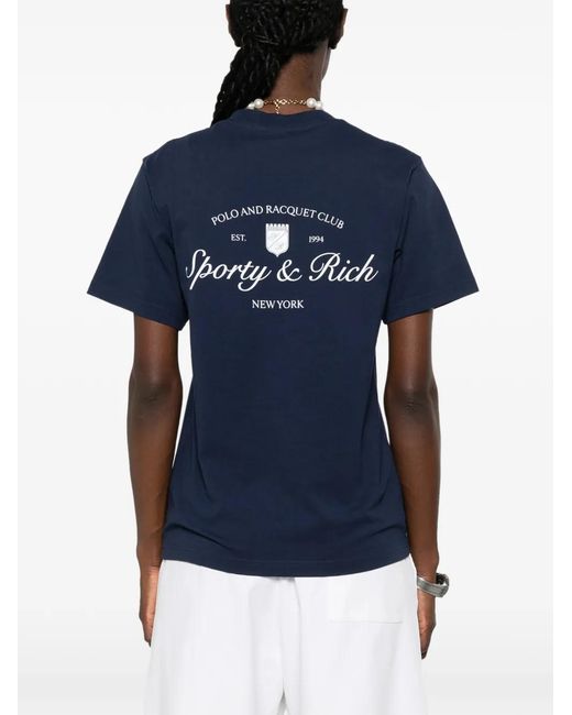 Sporty & Rich Blue Syracuse Logo-Print Cotton T-Shirt