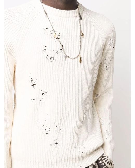 Laneus White Ripped Ribbed-Knit Jumper for men