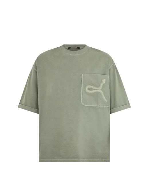 Roberto Cavalli Green Snake-Embroidered T-Shirt for men
