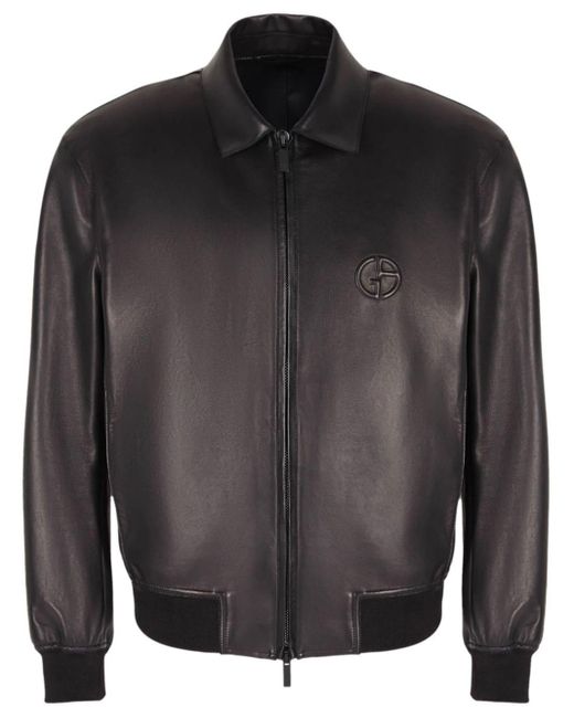Giorgio Armani Black Logo-embroidered Leather Bomber Jacket for men