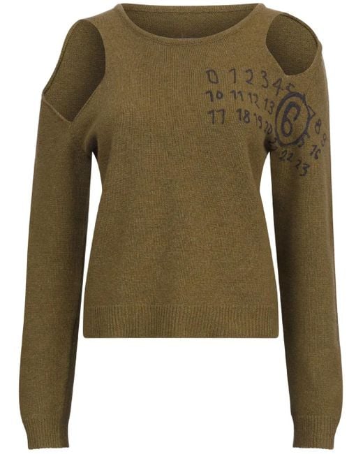 MM6 by Maison Margiela Green Number-Print Cut-Out Jumper