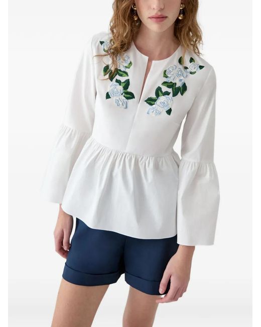 Carolina Herrera White Floral-Embroidered Bell Sleeve Top
