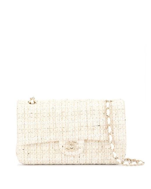 Chanel Pre-Owned Tweed Double Flap Chain Shoulder Bag in White