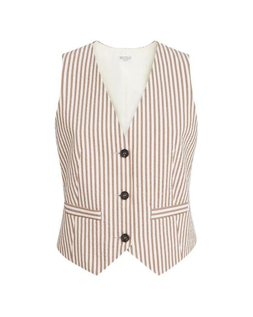 Brunello Cucinelli White Techno-Cotton Striped Seersucker Vest With Monili