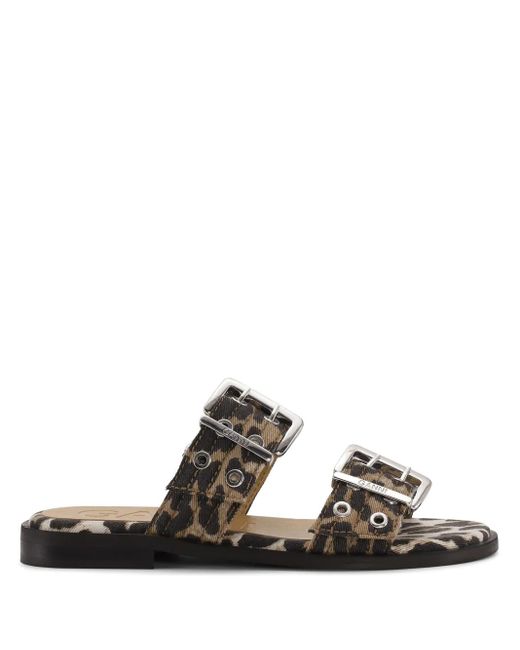 Ganni Black Animalier flache sandale mit schnallen