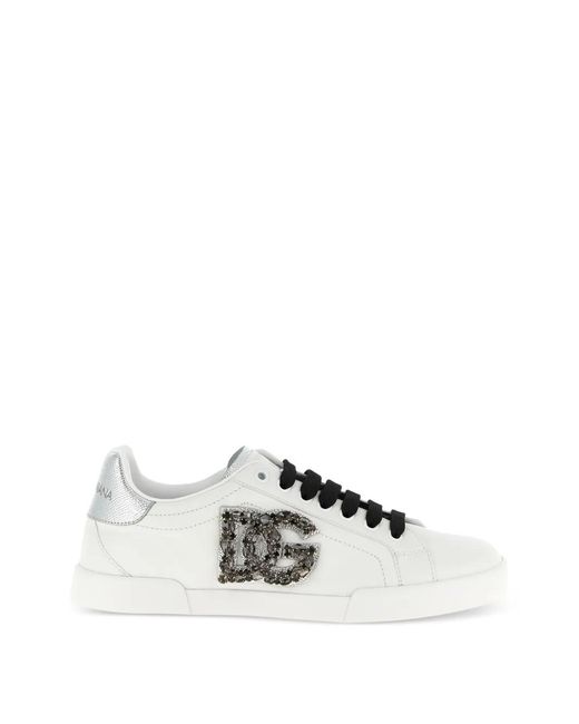 Dolce & Gabbana White Portofino Crystal-Embellished Sneakers