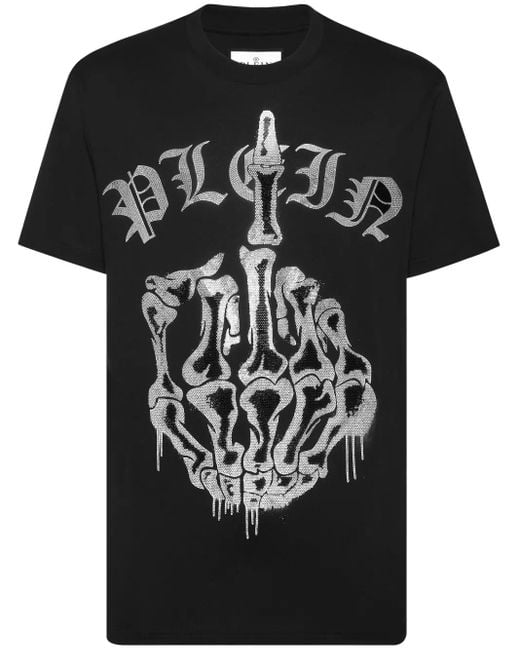 Philipp Plein Black T-Shirt Round Neck Ss Stones Iconic Plein for men