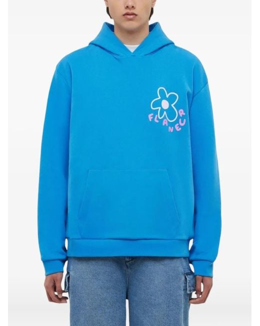 flâneur Blue Flower-Print Cotton Hoodie for men