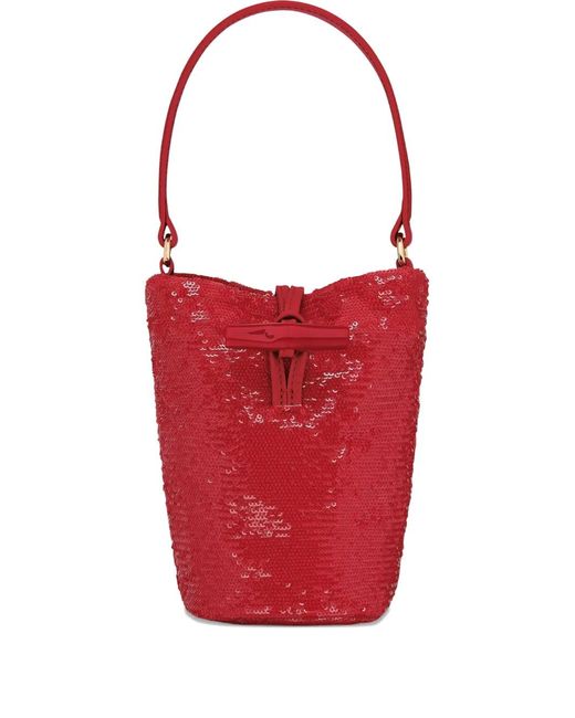 Longchamp Red Mini Le Roseau Sequin-Embellished Bucket Bag
