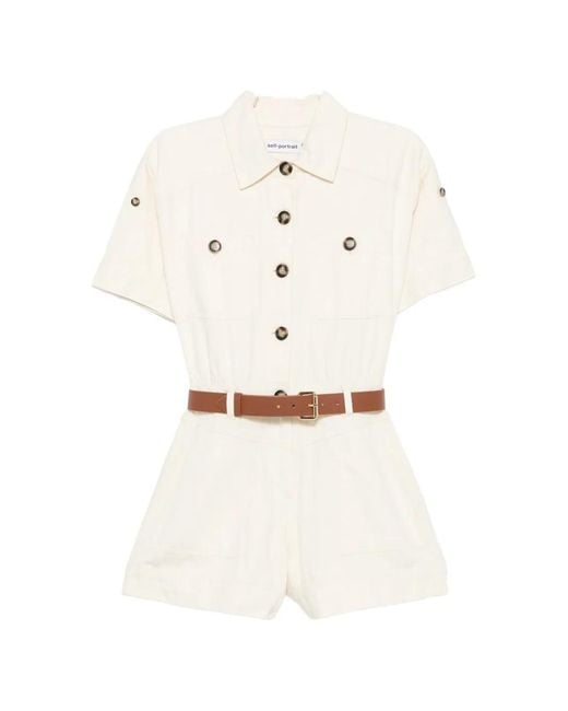 Self-Portrait White Button-Fastening Short-Sleeve Denim Playsuit