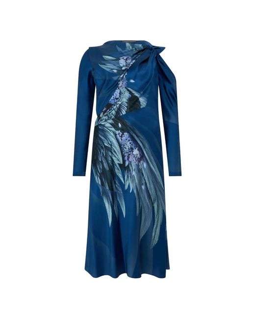 Alberta Ferretti Blue Floral-Print Long-Sleeved Draped Flared Midi Dress