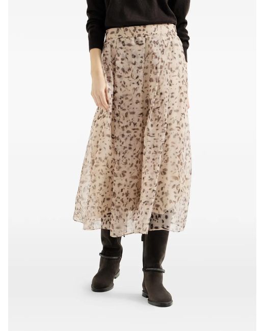 Brunello Cucinelli White Lynx-Print Silk Organza Pleated Skirt