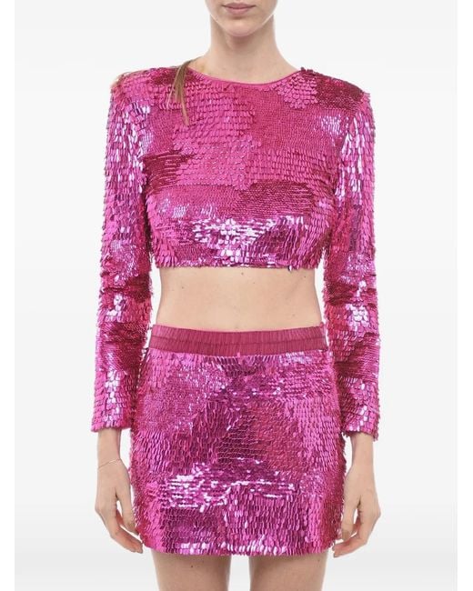 retroféte Pink Leanne Sequin-Embellished Cropped Top