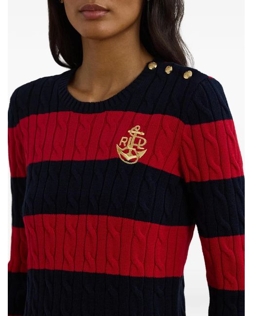 Ralph Lauren Red Pull En Maille Torsadée À Rayures