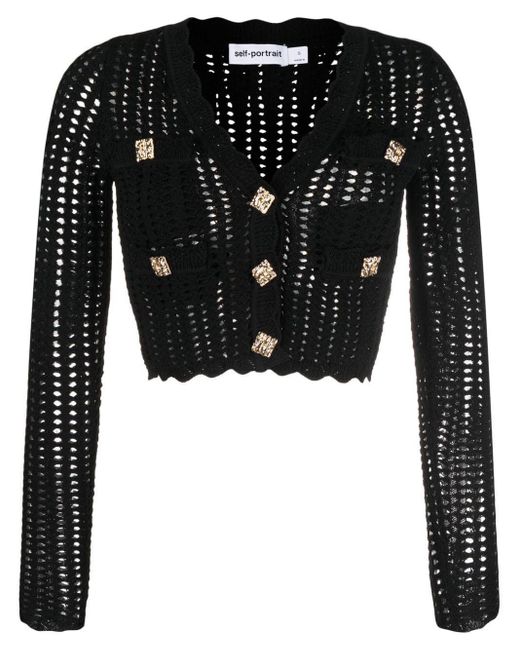 SelfPortrait Crochetknit Cropped Cardigan in Black Lyst Australia