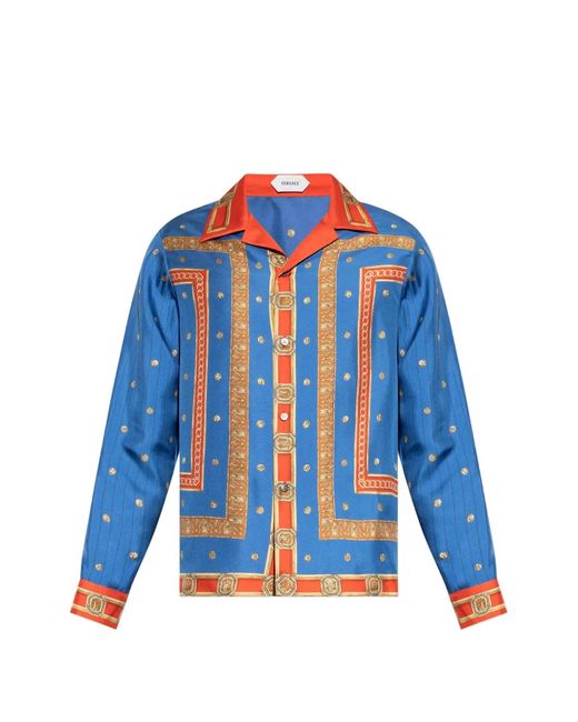 Versace Blue Printed Silk Shirt for men