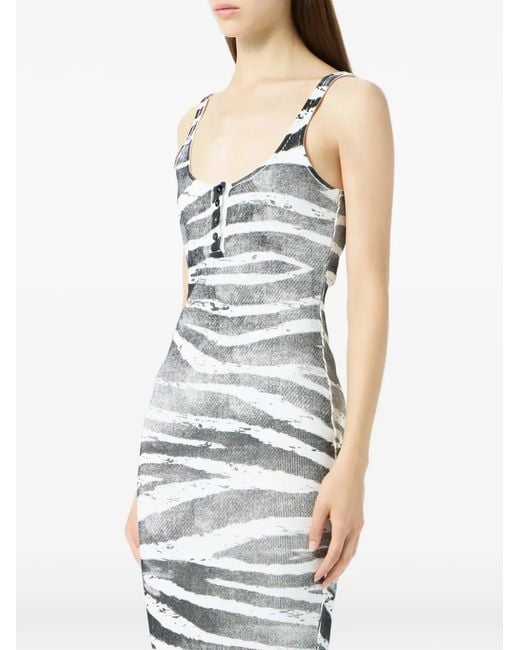 Blumarine White Zebra-Print Button-Detail Midi Dress
