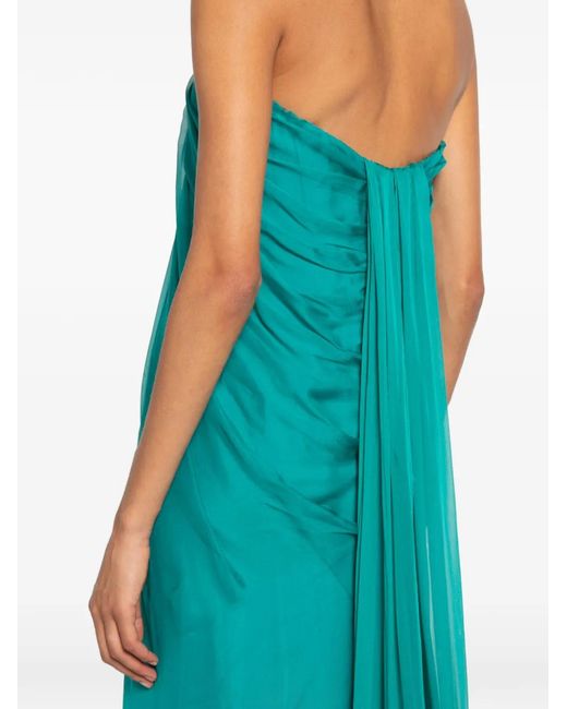 McQueen Blue Strapless Draped Maxi Dress