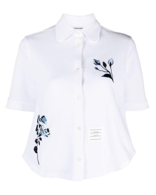Thom Browne White Floral-embroidered Piqué Shirt