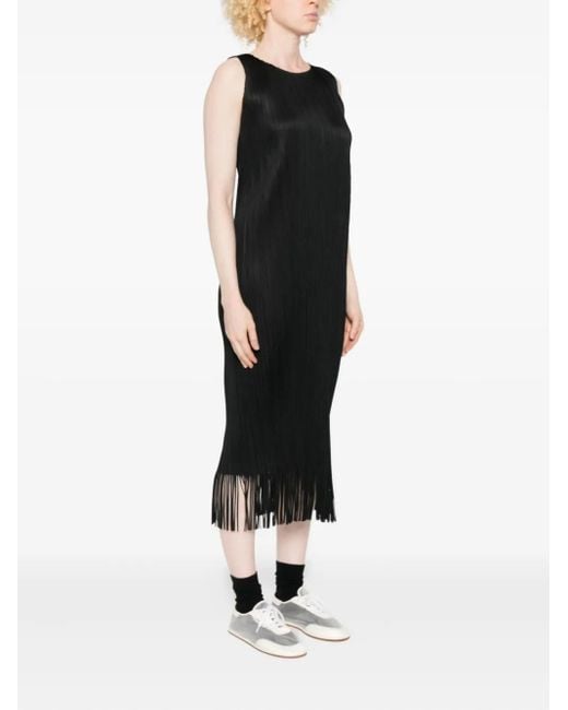 Pleats Please Issey Miyake Black Wave Pleated-Fringe Midi Dress