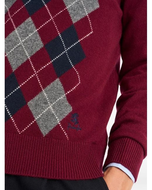 Pringle of Scotland Red Argyle V-Neck Sweater for men