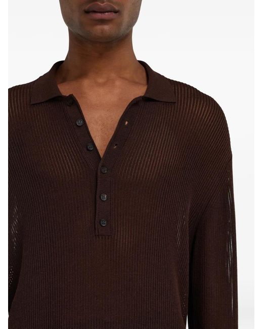 Ferragamo Brown Long Sleeve Knitted Silk Polo Shirt for men