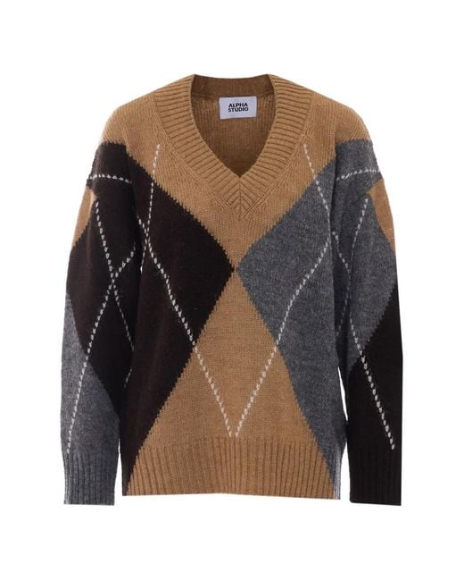Alpha Studio Black Argyle Intarsia V-Neck Sweater