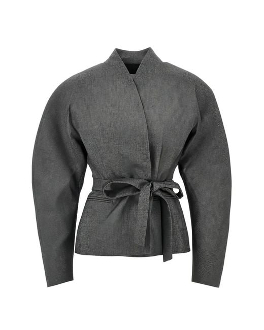 ANDAMANE Gray Belted Puff-Sleeve Jacket