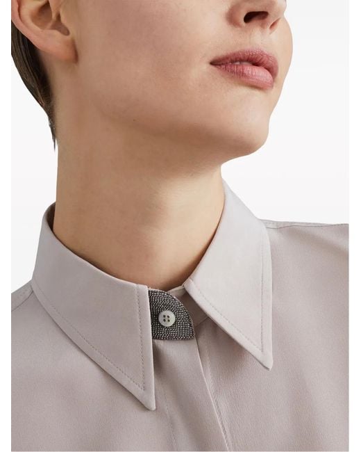 Brunello Cucinelli White Monili Bead-Embellished Silk Shirt
