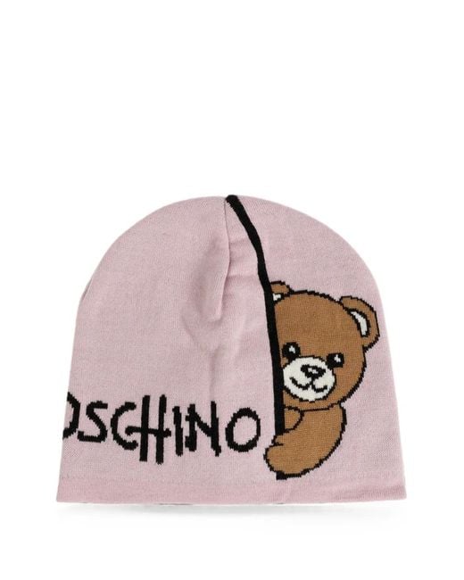 Moschino Pink Logo-Print Teddy Bear Beanie Hat