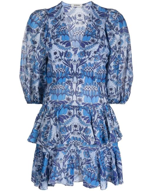 Sandro Blue Floral-Print Ruffled Dress