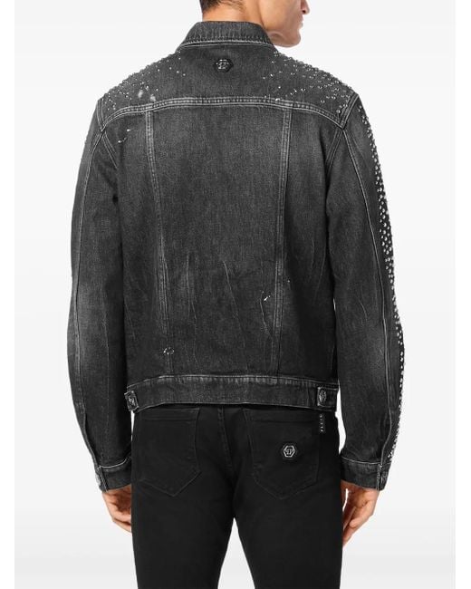 Philipp Plein Black Denim Trucker Jacket Ls Studs for men