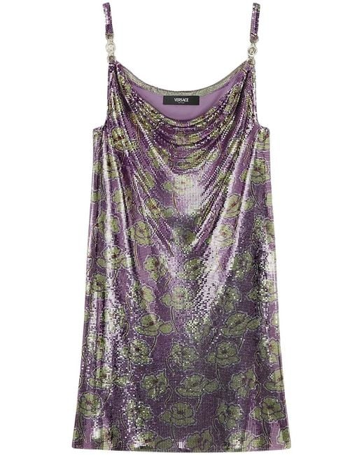 Versace Purple Embellished Floral-Print Chainmail Mini Dress