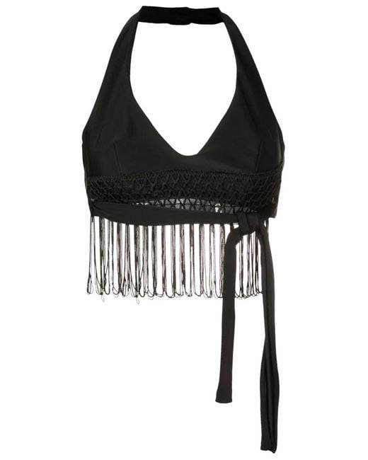 Amir Slama Black Macramé-Hem V-Neck Top