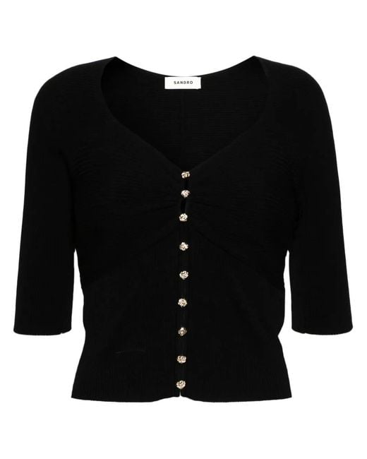 Sandro Black Rose-Buttons Ribbed Cardigan